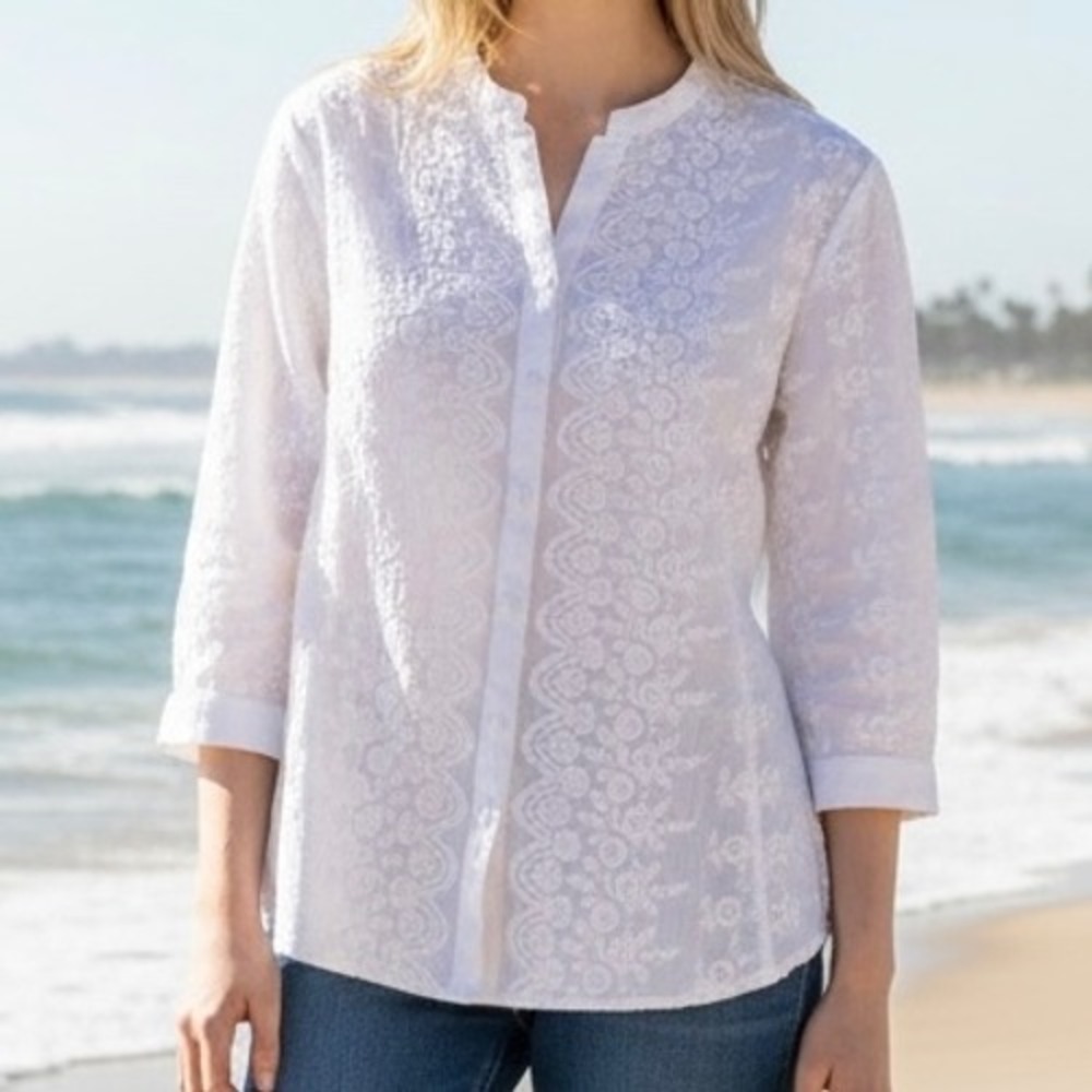 Coldwater Creek White Floral Embroidered Blouse Sz PL Boho Summer Eyelet Airy